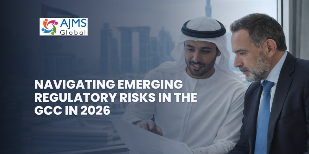 Emirati professional in traditional kandura discussing regulatory documents with a suited corporate executive in a modern Dubai office, positioned on the right side of the frame with a city skyline in the background.