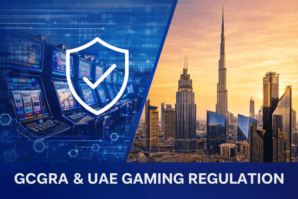 Composite digital thumbnail showing a casino floor with slot machines alongside a protective shield icon, transitioning into the Dubai skyline at sunset, with bold text reading ‘GCGRA & UAE Gaming Regulation’ to represent regulated and responsible gaming in the UAE.