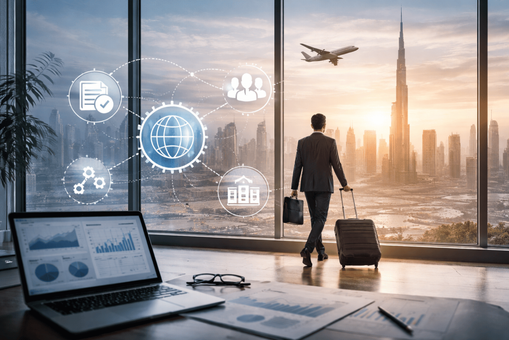Business professional walking through a modern airport terminal with Dubai skyline and Burj Khalifa visible in the background, symbolizing global mobility and international work.
