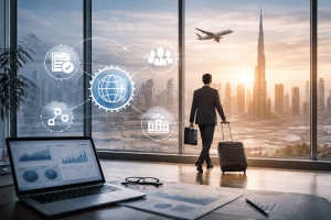 Business professional walking through a modern airport terminal with Dubai skyline and Burj Khalifa visible in the background, symbolizing global mobility and international work.