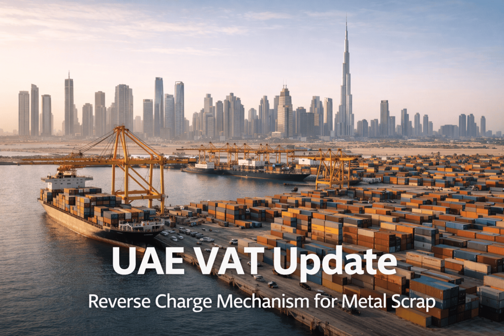 Dubai skyline at sunset with Jebel Ali Port, showing shipping containers, cranes, and the Burj Khalifa in the background, representing international trade and tax policy updates.