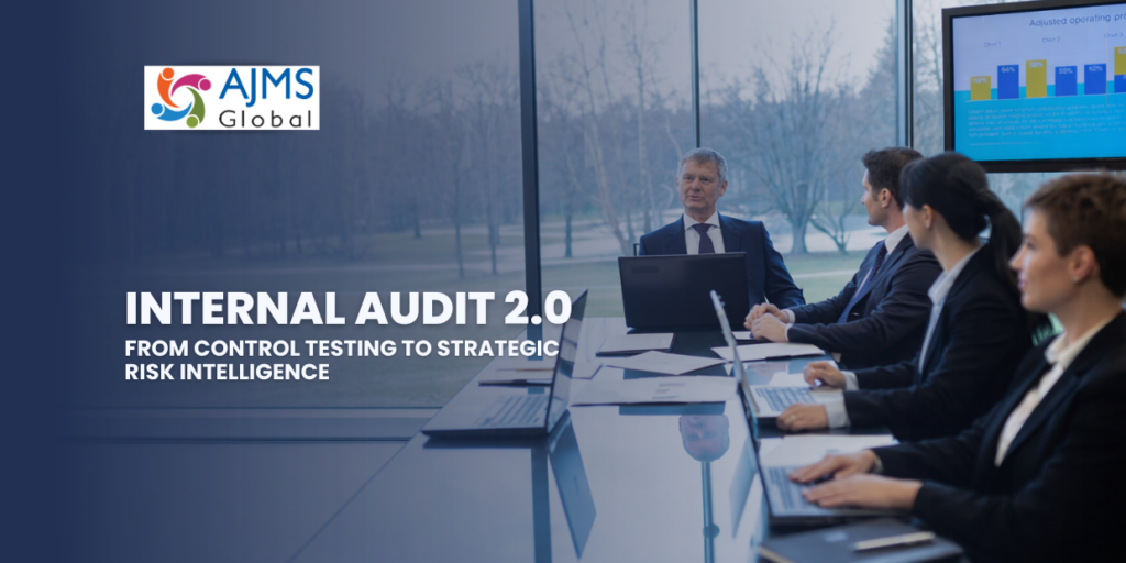 Boardroom meeting discussing Internal Audit 2.0 and strategic risk intelligence at AJMS Global